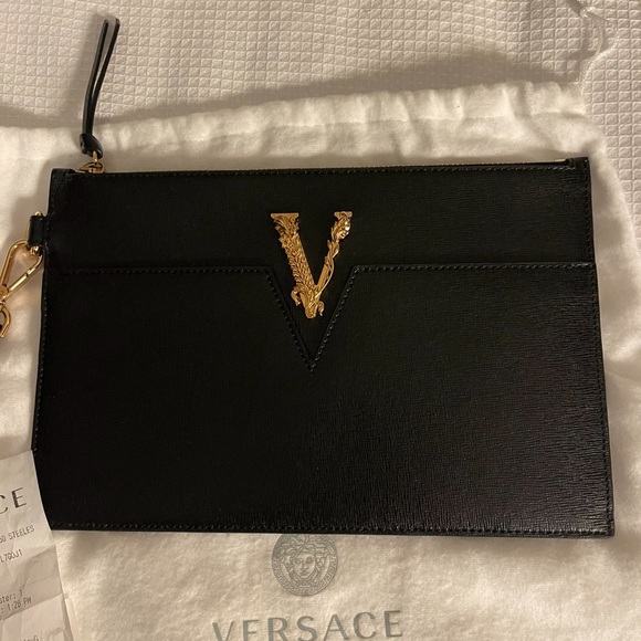 Versace gorgeous black clutch with gold V - Picture 1 of 2